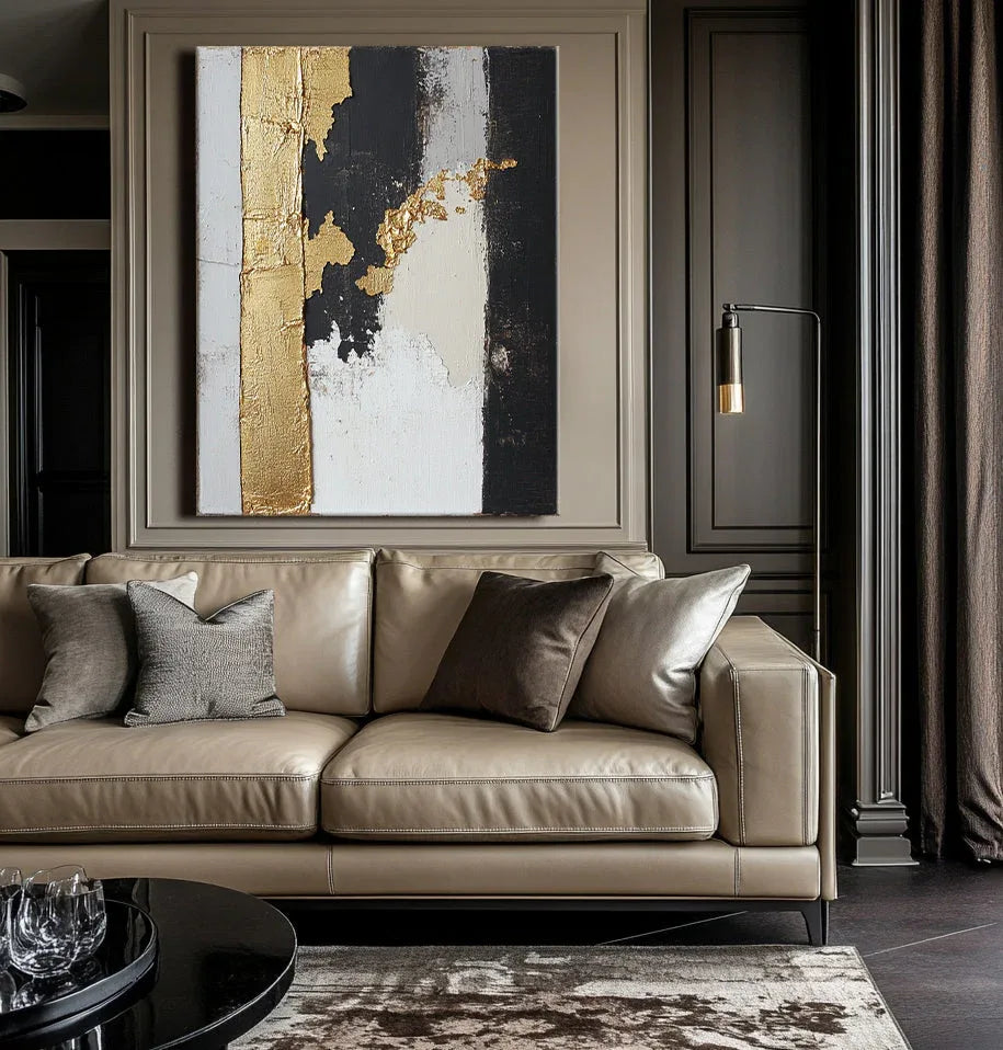 Gold Stripe Abstract Art-Gold Foil Texture Modern Abstract Oil Painting Wall Art