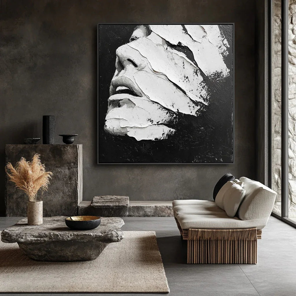 Black and White Silence - Hand-Drawn 3D Texture, Back and White Abstract Face, Wabi-Sabi Wall Art
