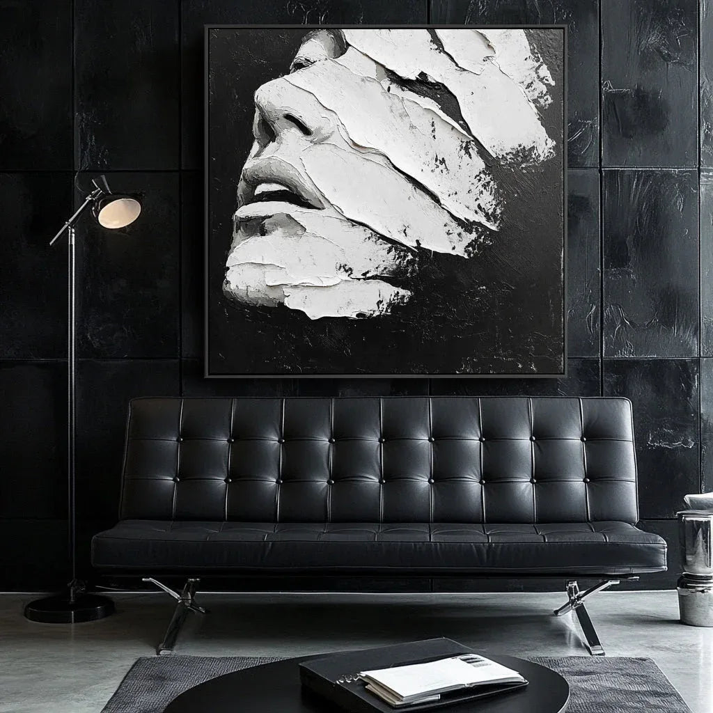 Black and White Silence - Hand-Drawn 3D Texture, Back and White Abstract Face, Wabi-Sabi Wall Art