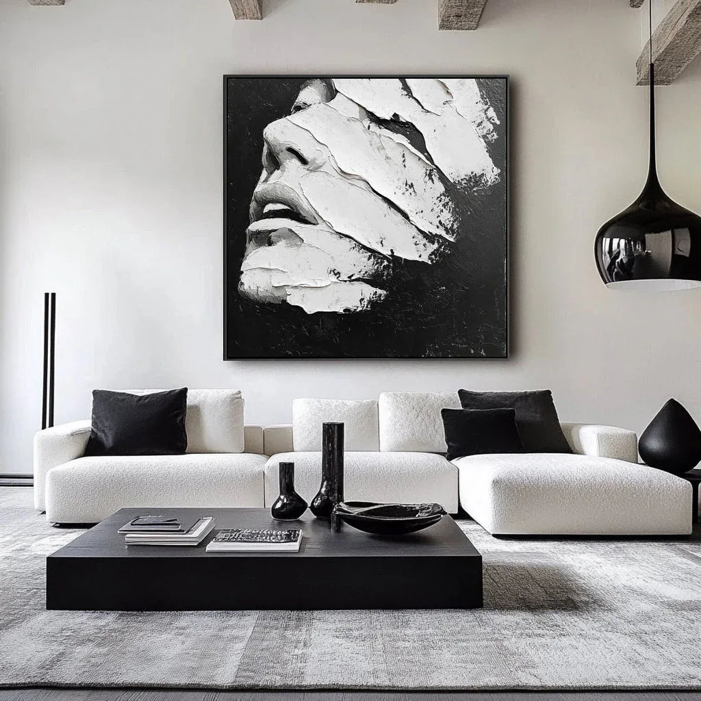Black and White Silence - Hand-Drawn 3D Texture, Back and White Abstract Face, Wabi-Sabi Wall Art