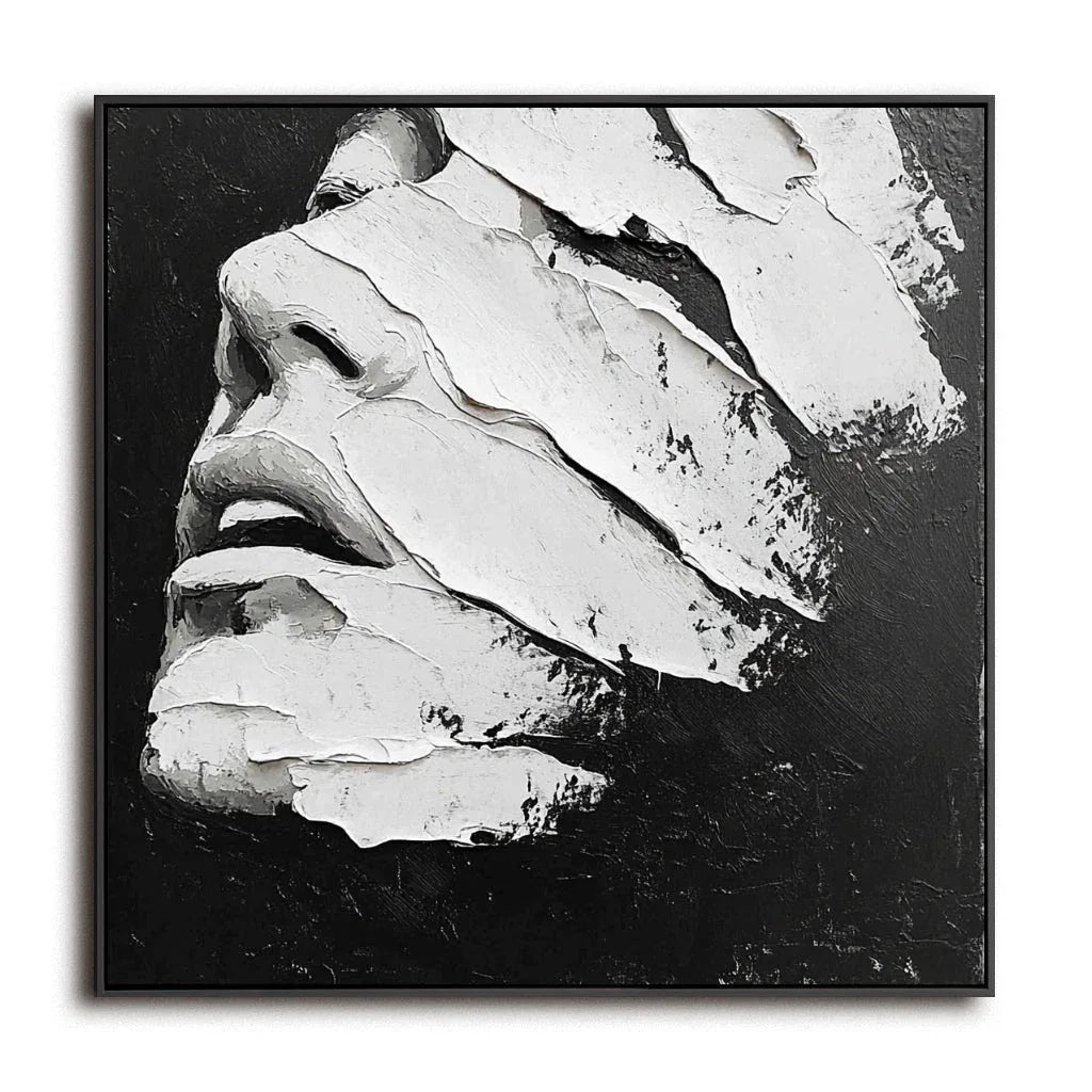 Black and White Silence - Hand-Drawn 3D Texture, Back and White Abstract Face, Wabi-Sabi Wall Art