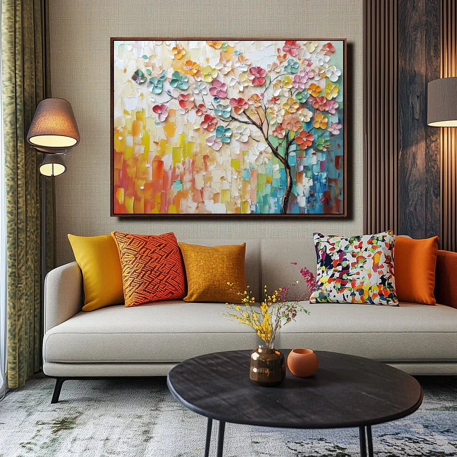 Rainbow Bloom Tree- Texture Oil Painting Wall Art#FL10094