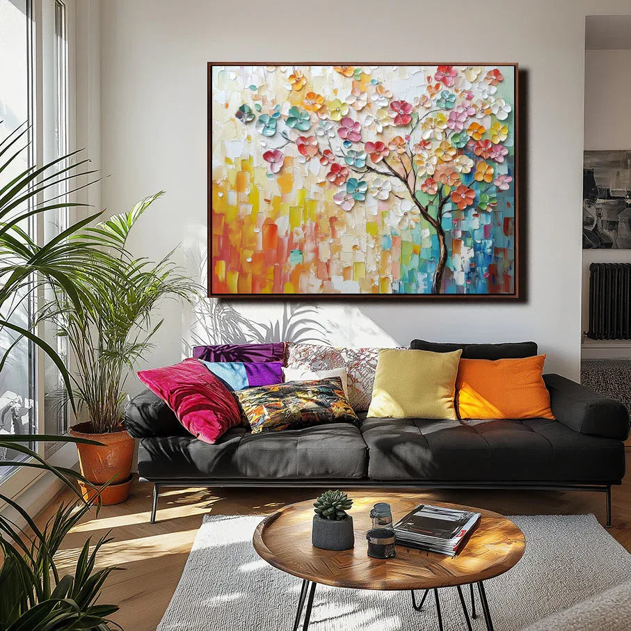 Rainbow Bloom Tree- Texture Oil Painting Wall Art#FL10094