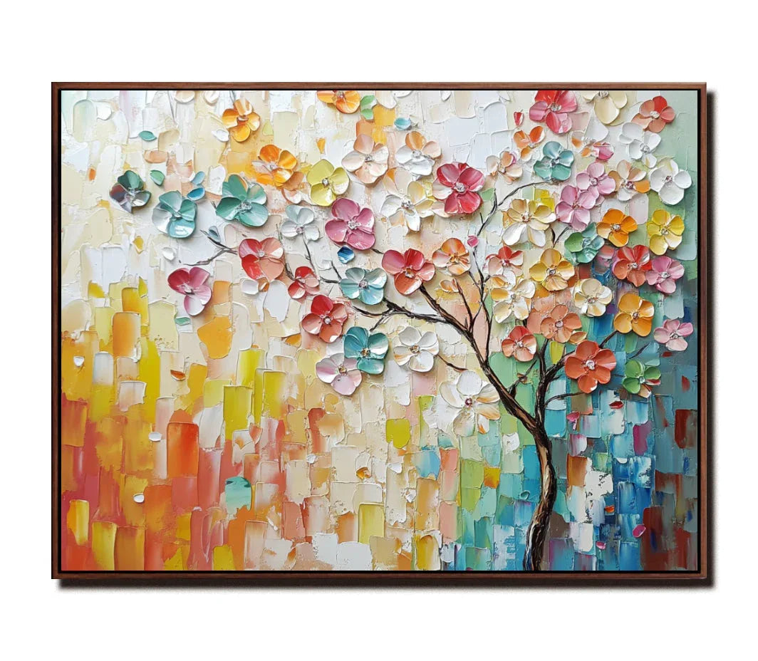 Rainbow Bloom Tree- Texture Oil Painting Wall Art#FL10094