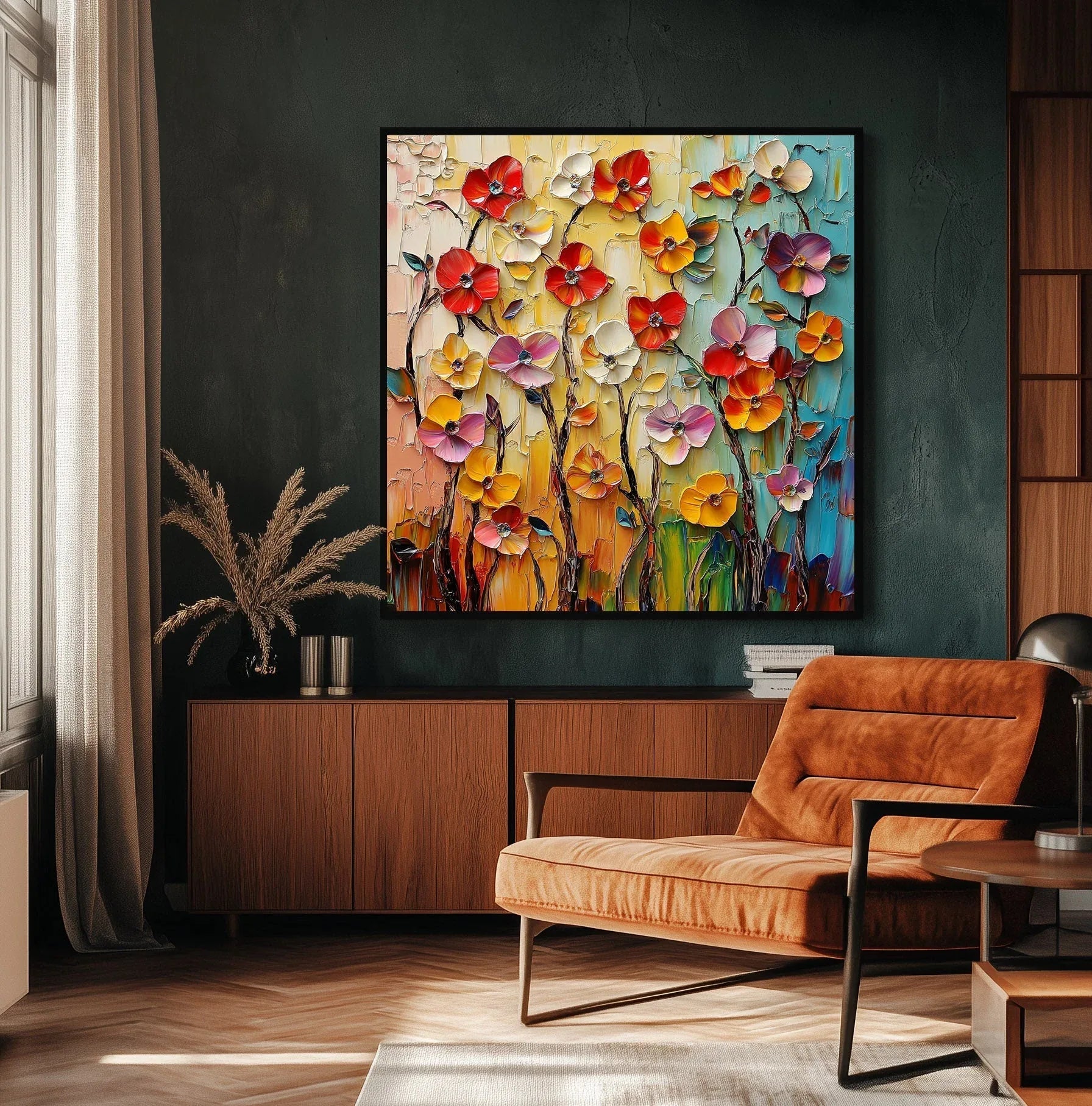 Radiant Floral Cascade - Textured Wall art With Hand Drawn Layered Flowers#FL10030