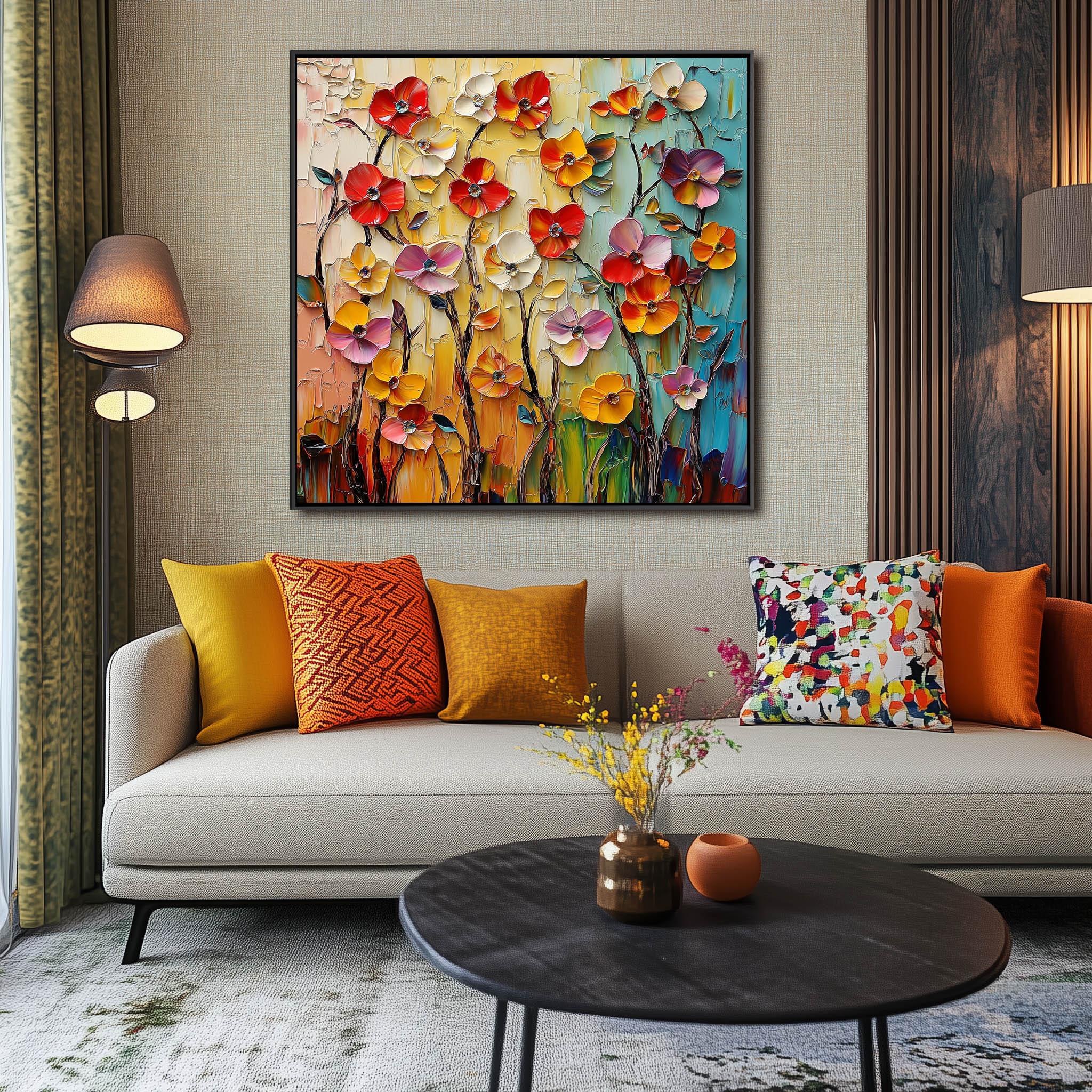 Radiant Floral Cascade - Textured Wall art With Hand Drawn Layered Flowers#FL10030