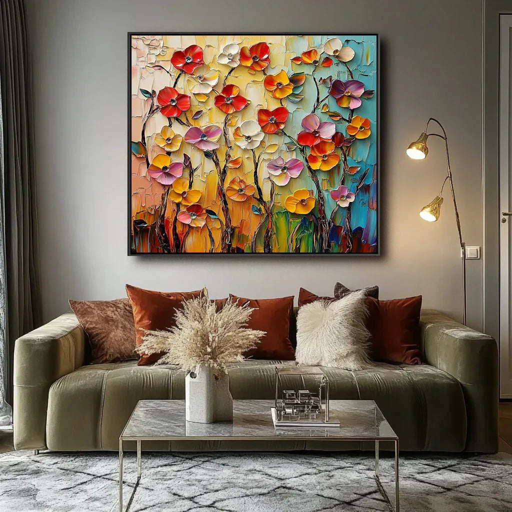 Radiant Floral Cascade - Textured Wall art With Hand Drawn Layered Flowers#FL10030