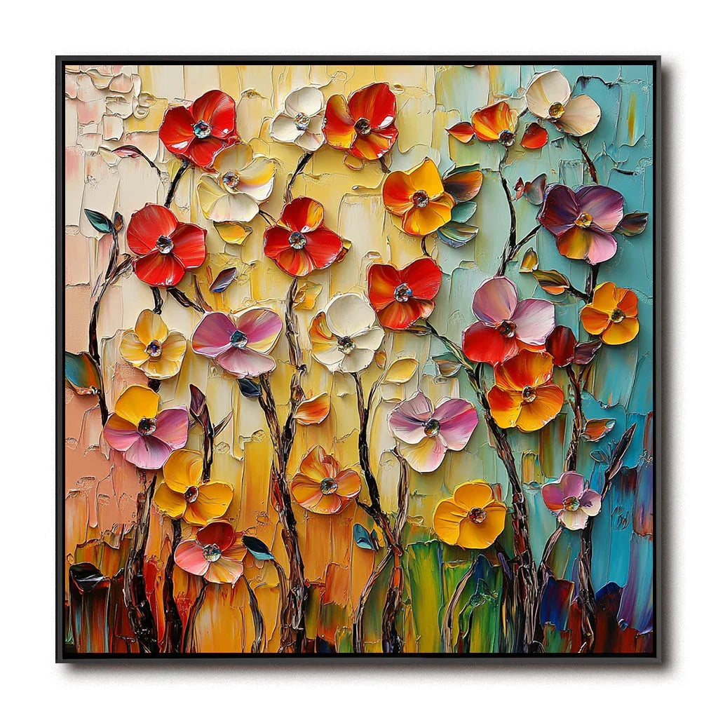 Radiant Floral Cascade - Textured Wall art With Hand Drawn Layered Flowers#FL10030