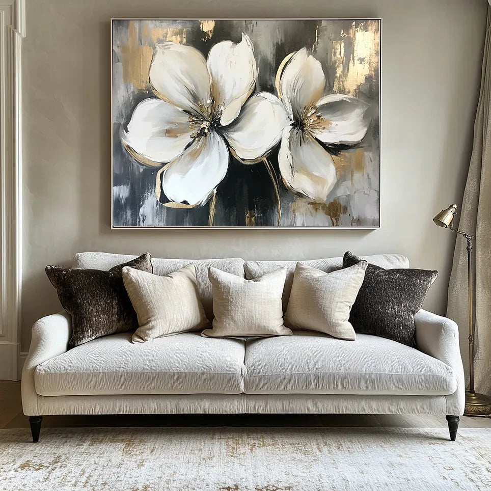 Radiance of Twin Blooms-Three-Dimensional Double-Petaled Platinum Flower Texture Wall Art#FL10023