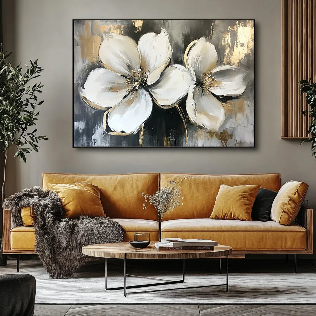 Radiance of Twin Blooms-Three-Dimensional Double-Petaled Platinum Flower Texture Wall Art#FL10023