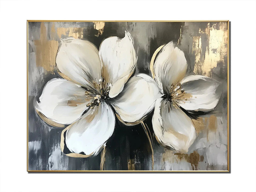 Radiance of Twin Blooms-Three-Dimensional Double-Petaled Platinum Flower Texture Wall Art#FL10023