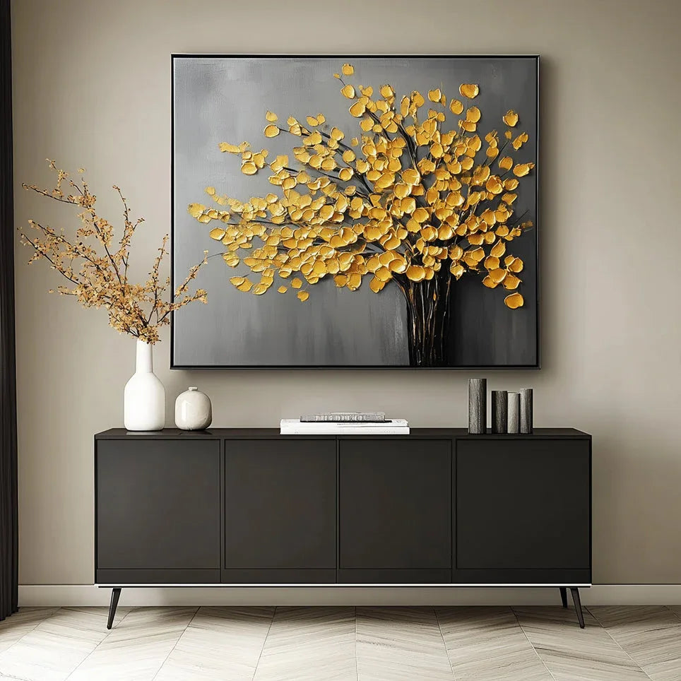 Golden Autumn Reverie-3D Golden Leaf Tree Texture Oil Painting Wall Art#FL10029