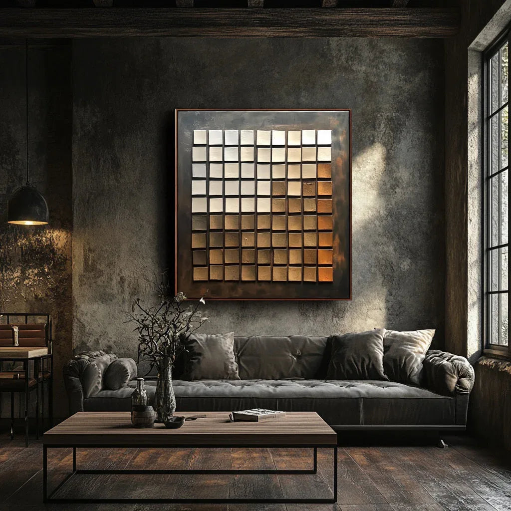Ethereal Bronze Mosaic - Geometric Blocks Retro Style Abstract Oil Painting Wall Art