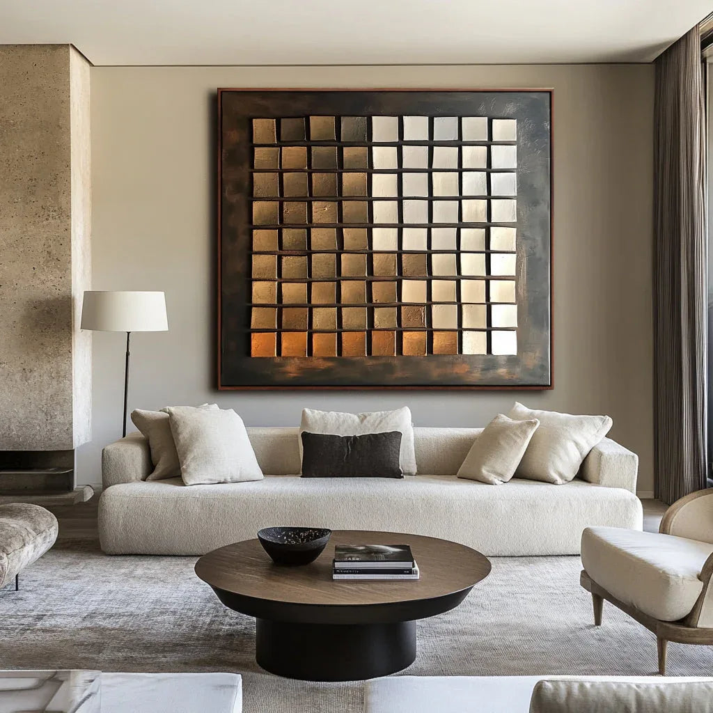 Ethereal Bronze Mosaic - Geometric Blocks Retro Style Abstract Oil Painting Wall Art