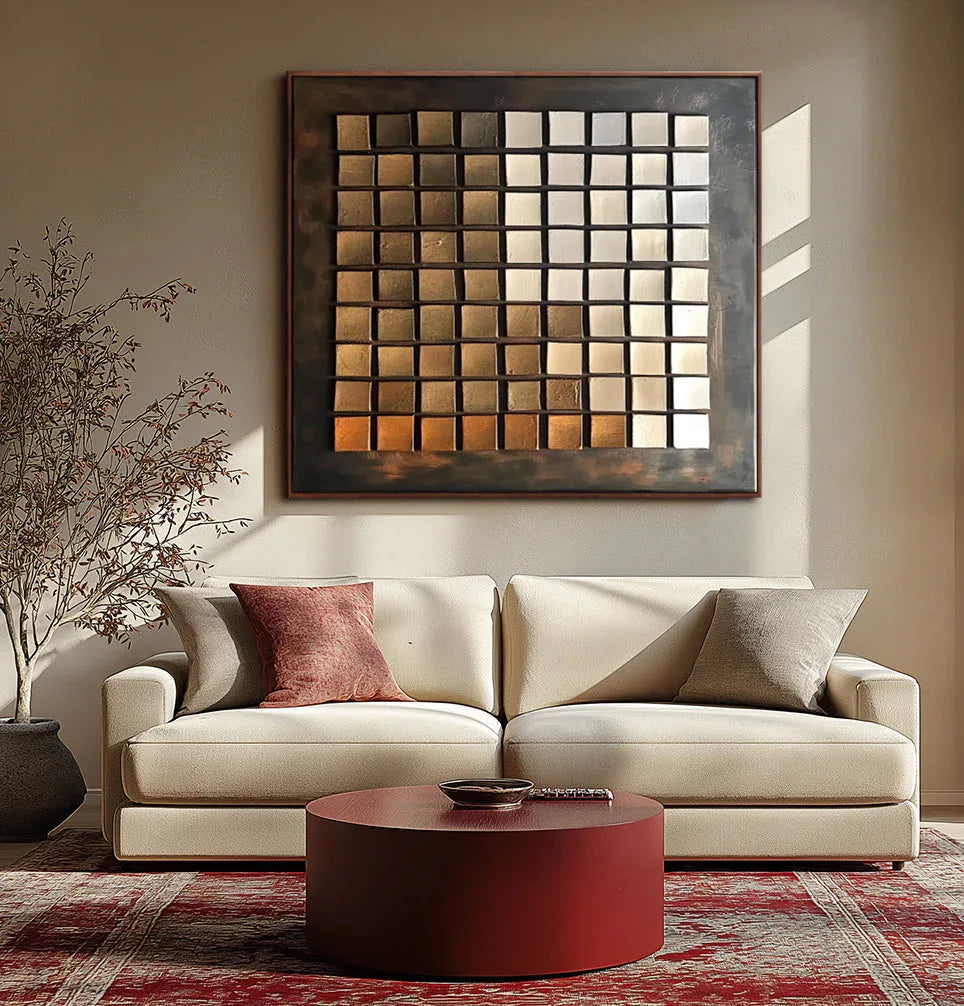 Ethereal Bronze Mosaic - Geometric Blocks Retro Style Abstract Oil Painting Wall Art