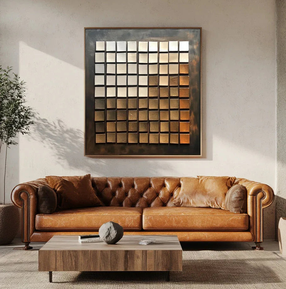 Ethereal Bronze Mosaic - Geometric Blocks Retro Style Abstract Oil Painting Wall Art