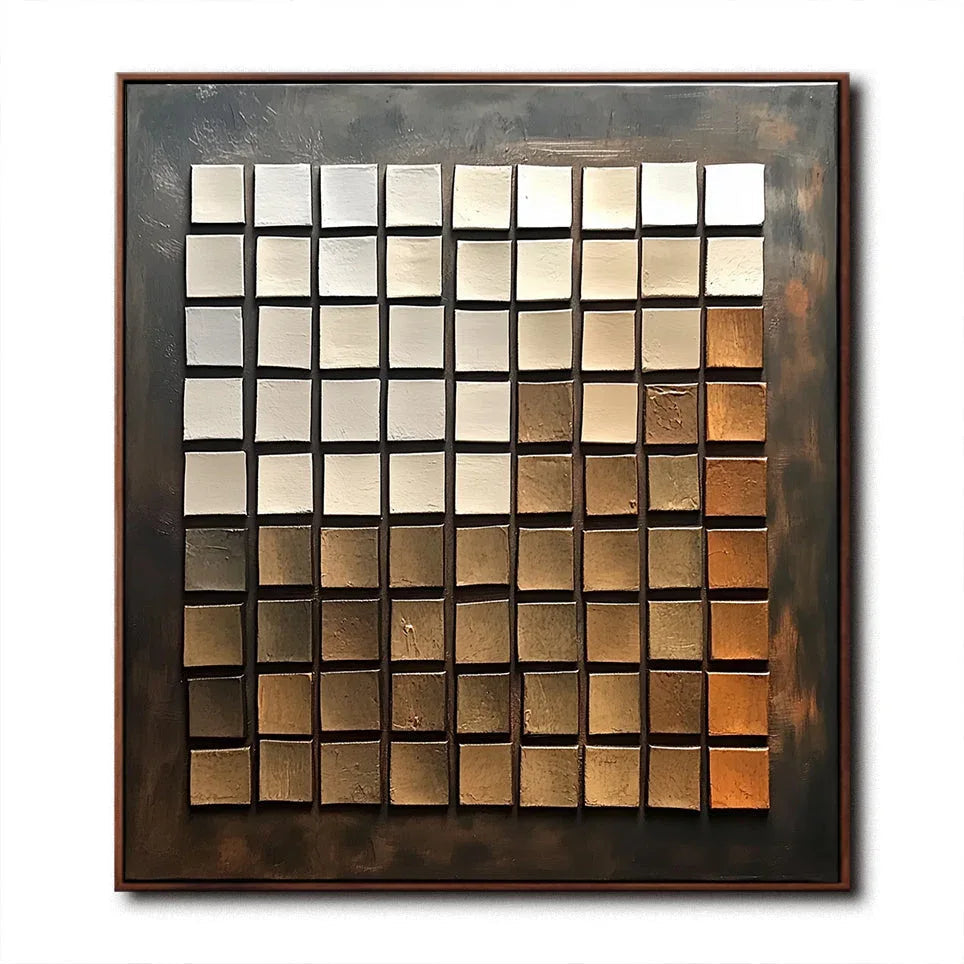 Ethereal Bronze Mosaic - Geometric Blocks Retro Style Abstract Oil Painting Wall Art