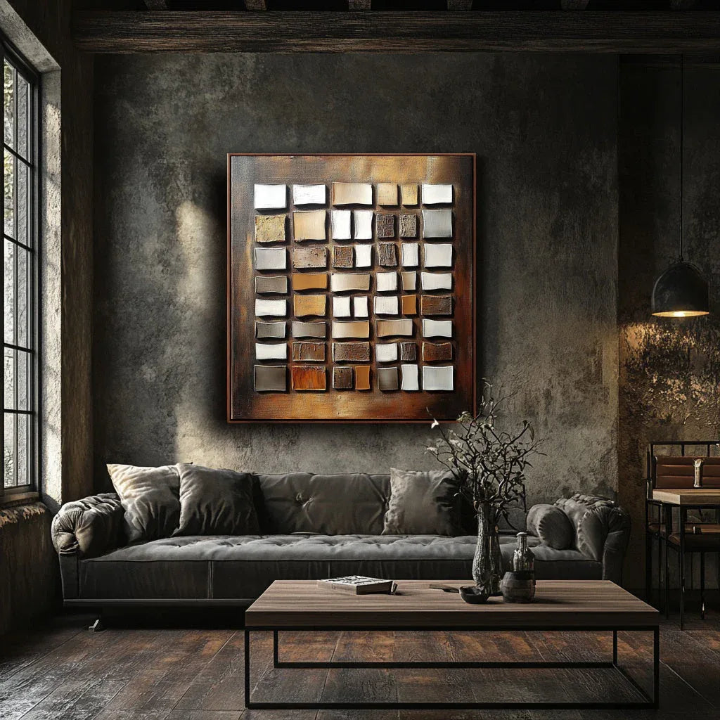 Geometric Glow-Wabi Sabi Style Hand-Painted Textured Block Abstract Oil Painting Wall Art