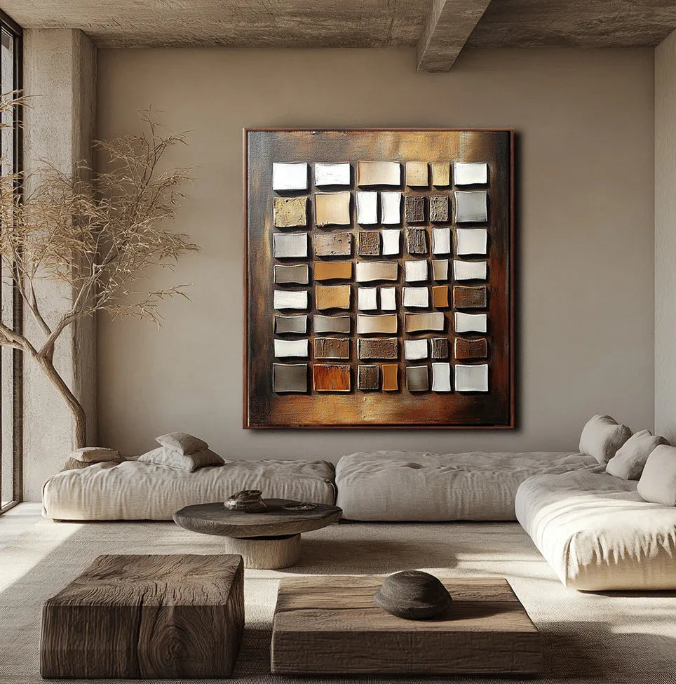 Geometric Glow-Wabi Sabi Style Hand-Painted Textured Block Abstract Oil Painting Wall Art
