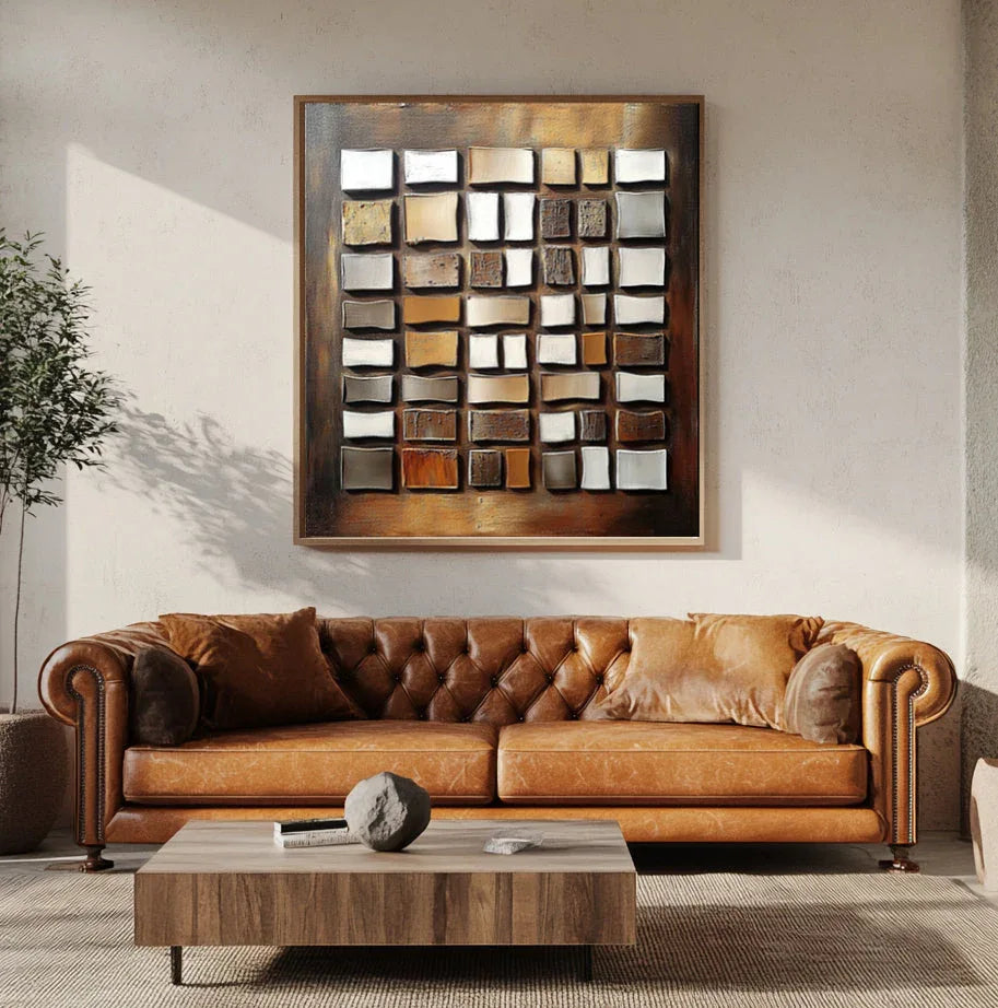 Geometric Glow-Wabi Sabi Style Hand-Painted Textured Block Abstract Oil Painting Wall Art