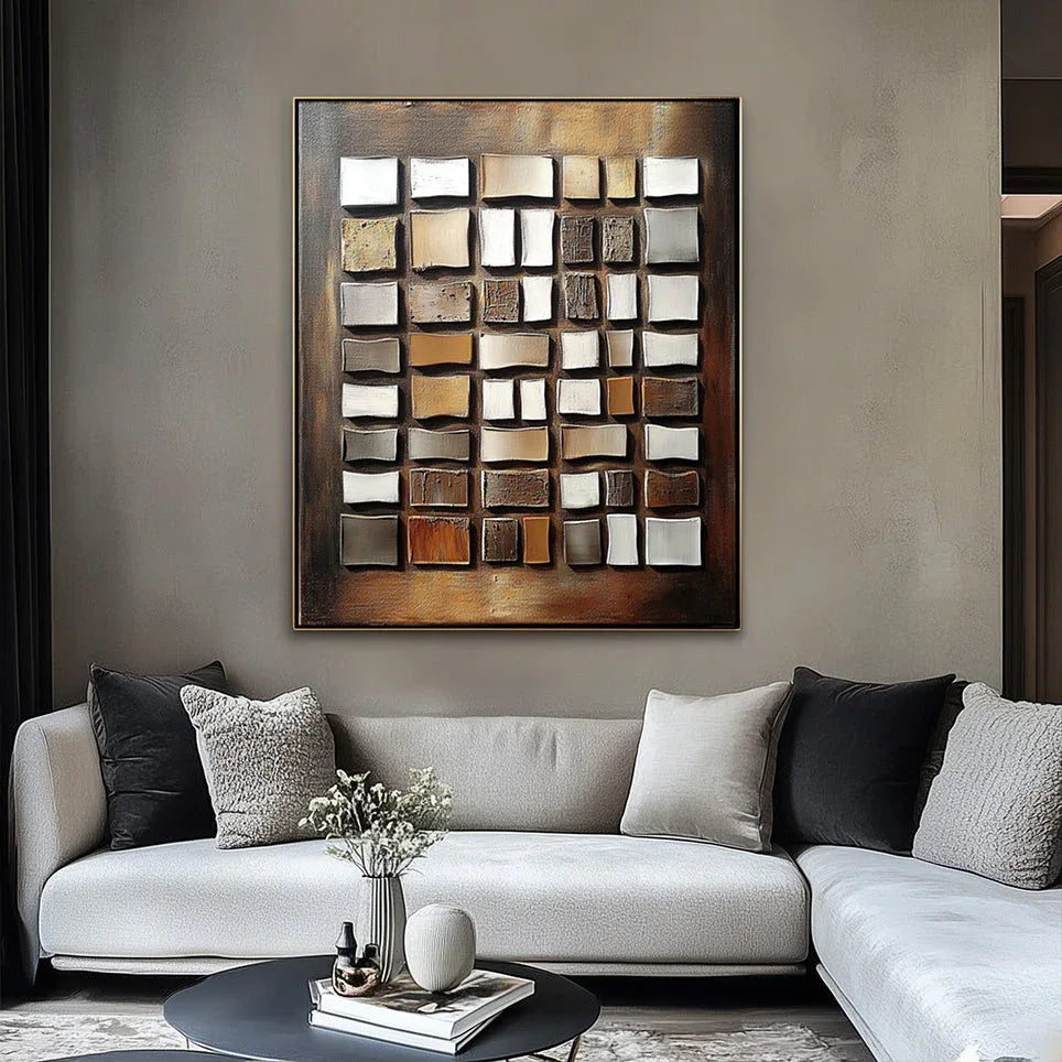 Geometric Glow-Wabi Sabi Style Hand-Painted Textured Block Abstract Oil Painting Wall Art