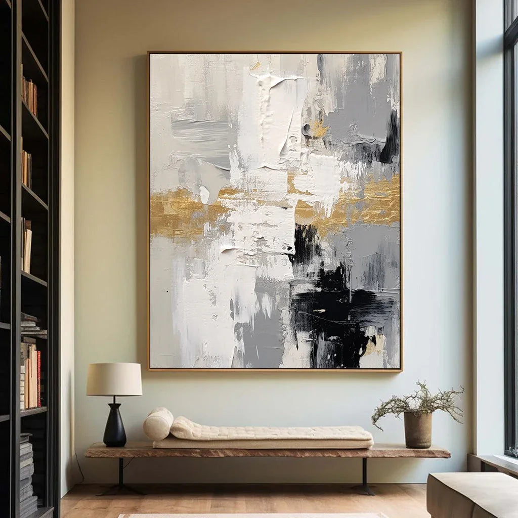 Golden Horizon Abstract Canvas-Gold Foil Embellishes Abstract Texture Wall Art Featuring Black, White, and Gray