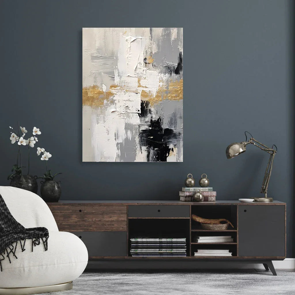 Golden Horizon Abstract Canvas-Gold Foil Embellishes Abstract Texture Wall Art Featuring Black, White, and Gray