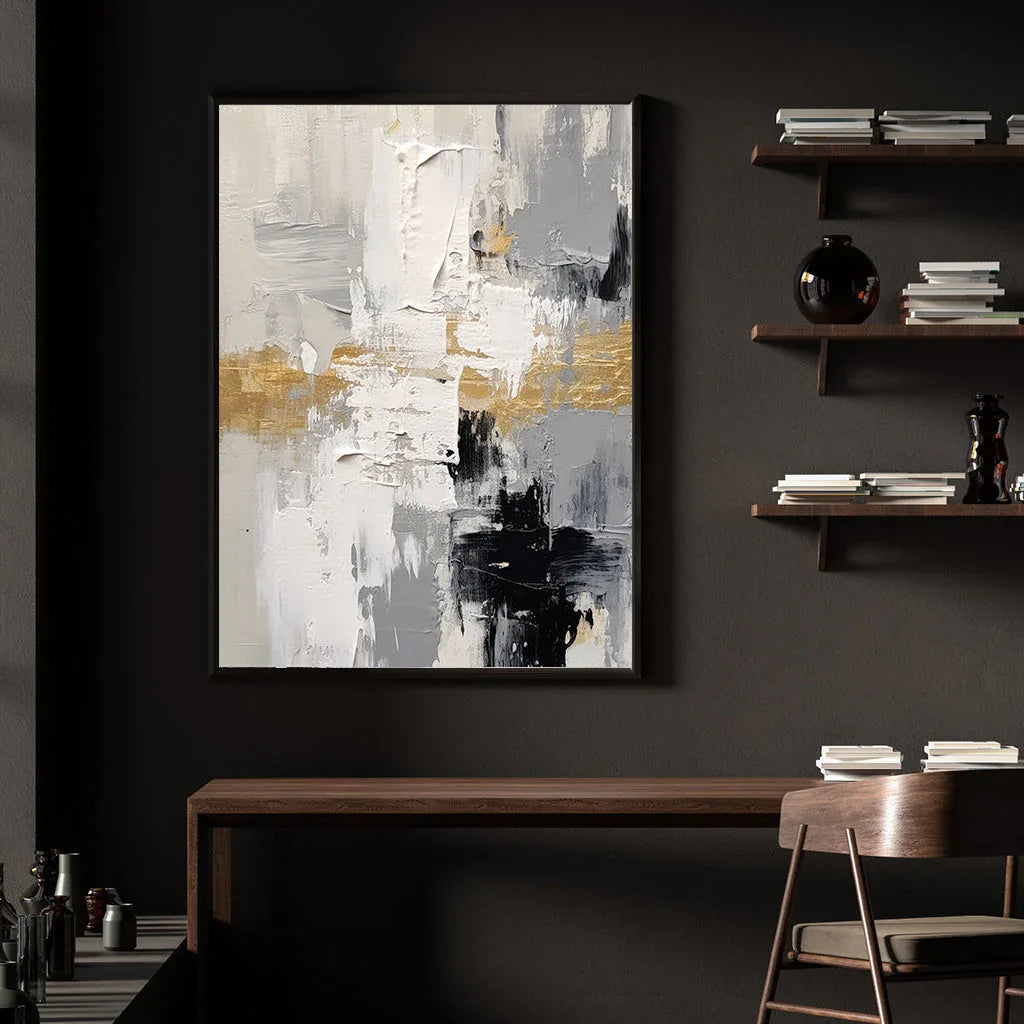Golden Horizon Abstract Canvas-Gold Foil Embellishes Abstract Texture Wall Art Featuring Black, White, and Gray