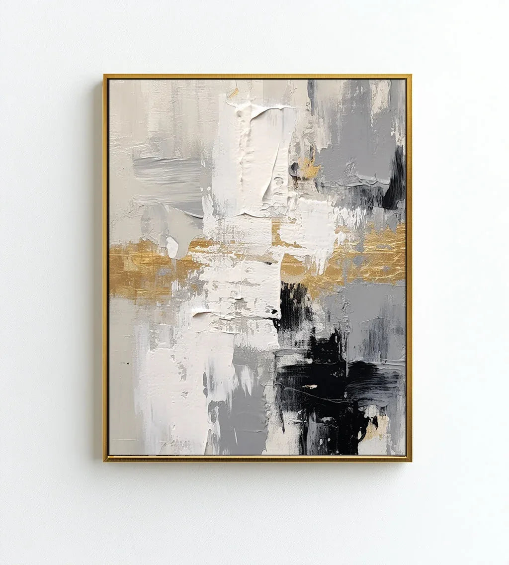 Golden Horizon Abstract Canvas-Gold Foil Embellishes Abstract Texture Wall Art Featuring Black, White, and Gray