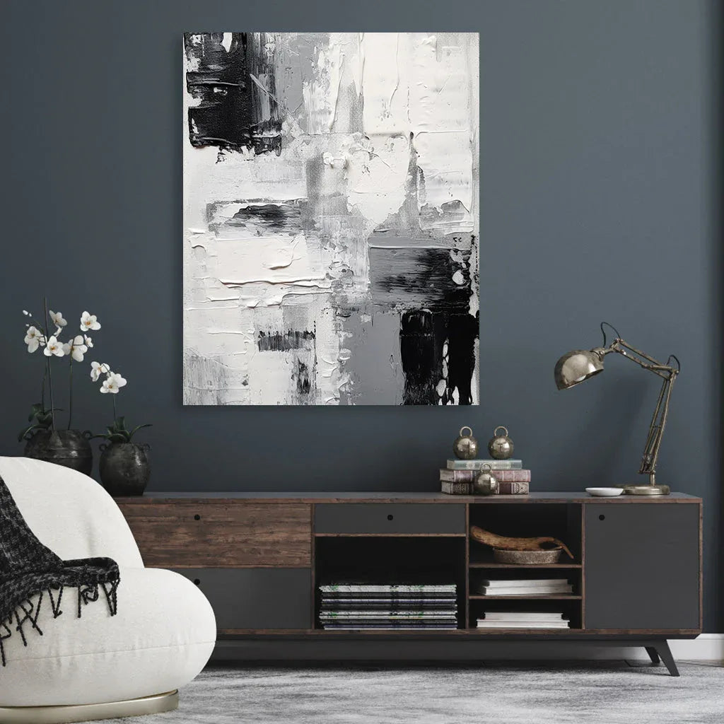 Monochrome Dimensions-Modern Minimalist Black and White Texture Abstract Oil Painting Wall Art