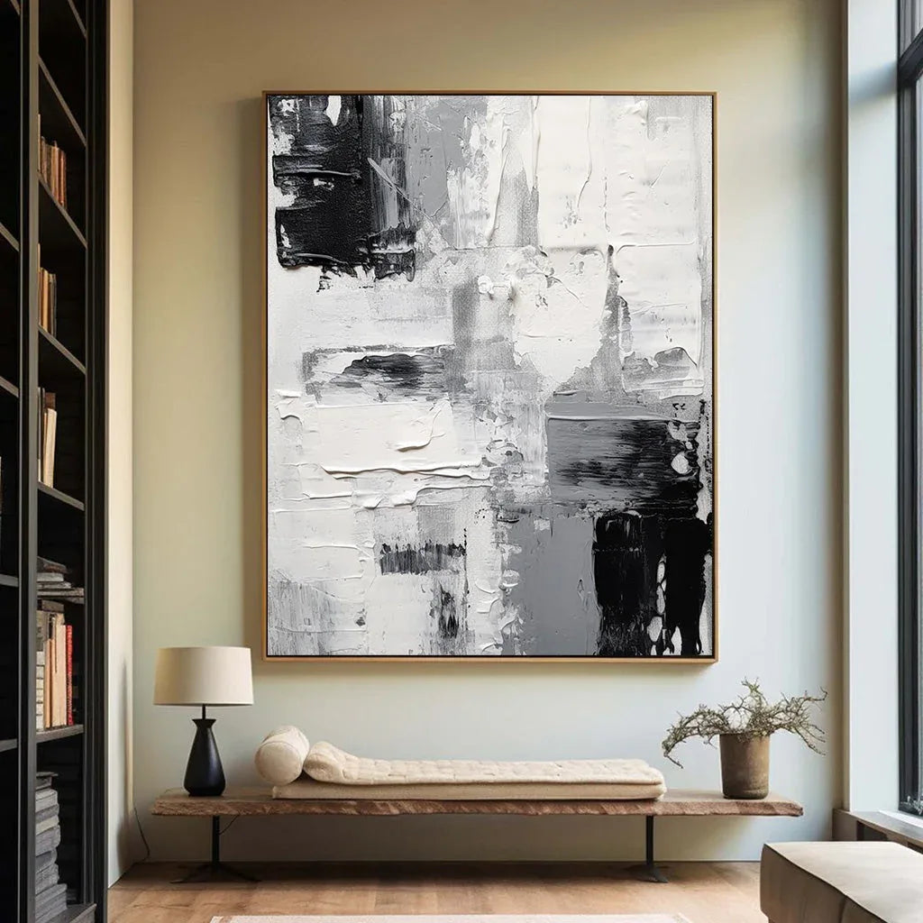 Monochrome Dimensions-Modern Minimalist Black and White Texture Abstract Oil Painting Wall Art