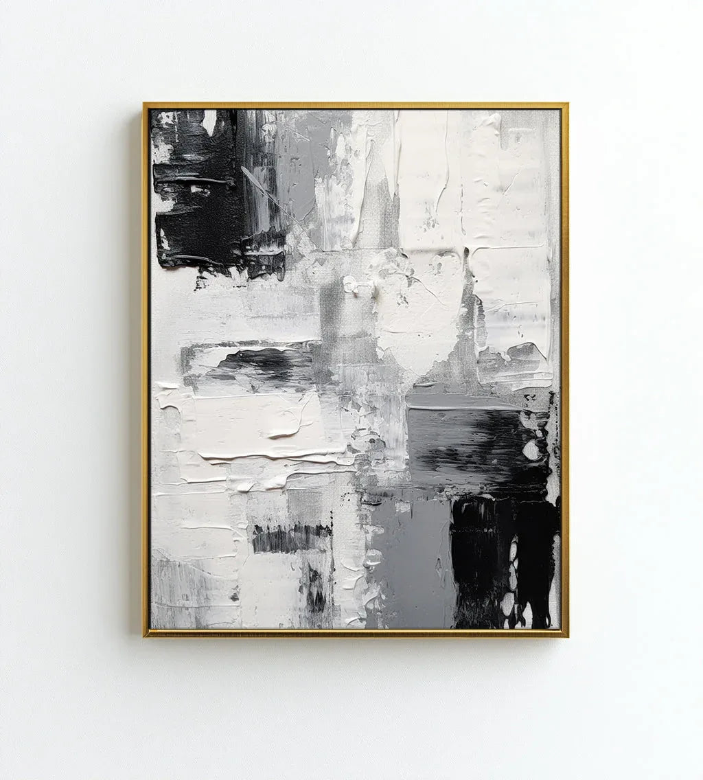 Monochrome Dimensions-Modern Minimalist Black and White Texture Abstract Oil Painting Wall Art
