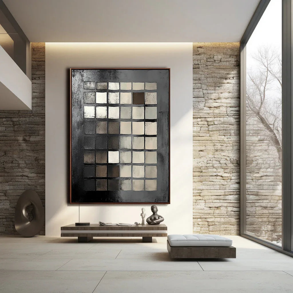 Monochrome Mosaic Canvas-Minimalist Black, White, and Gray Square Matrix Abstract Oil Painting Wall Art