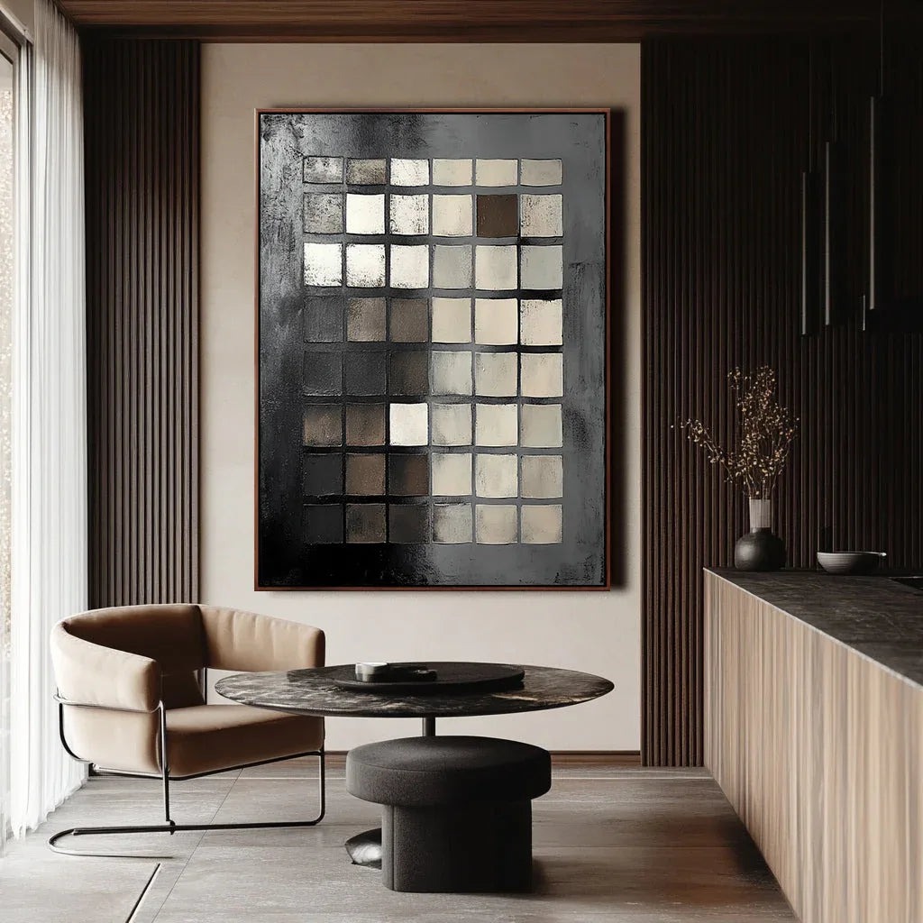 Monochrome Mosaic Canvas-Minimalist Black, White, and Gray Square Matrix Abstract Oil Painting Wall Art
