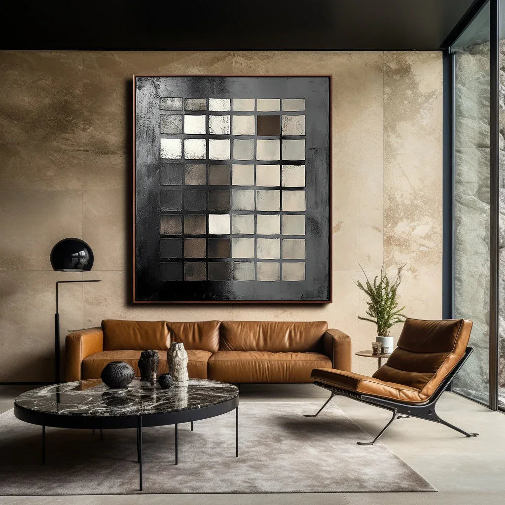 Monochrome Mosaic Canvas-Minimalist Black, White, and Gray Square Matrix Abstract Oil Painting Wall Art