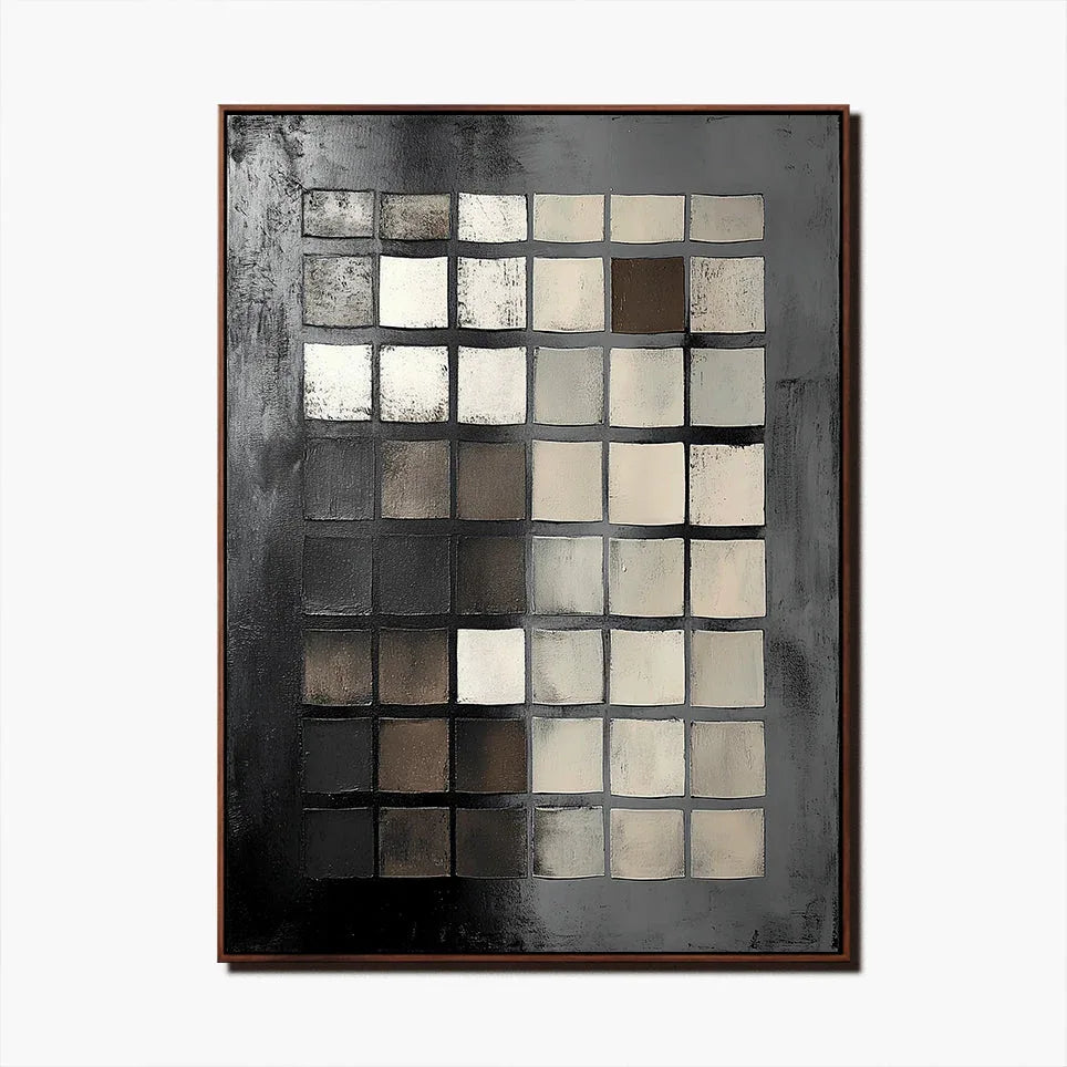 Monochrome Mosaic Canvas-Minimalist Black, White, and Gray Square Matrix Abstract Oil Painting Wall Art