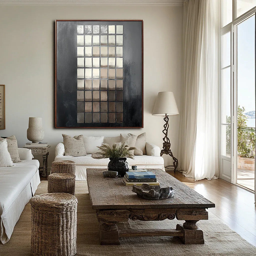 Echoes of Geometry in Texture-Modern geometric black gold square abstract wall art
