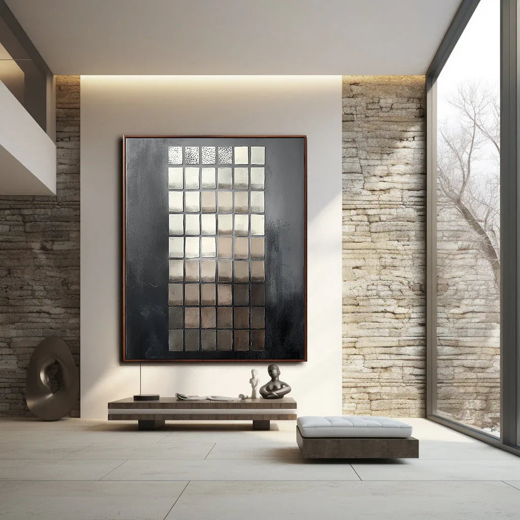 Echoes of Geometry in Texture-Modern geometric black gold square abstract wall art