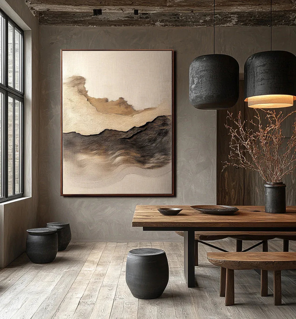 Golden Horizon-Hand-Painted Three-Dimensional Abstract Wall Art Featuring Earthy Wave Patterns and a Wabi-Sabi Texture