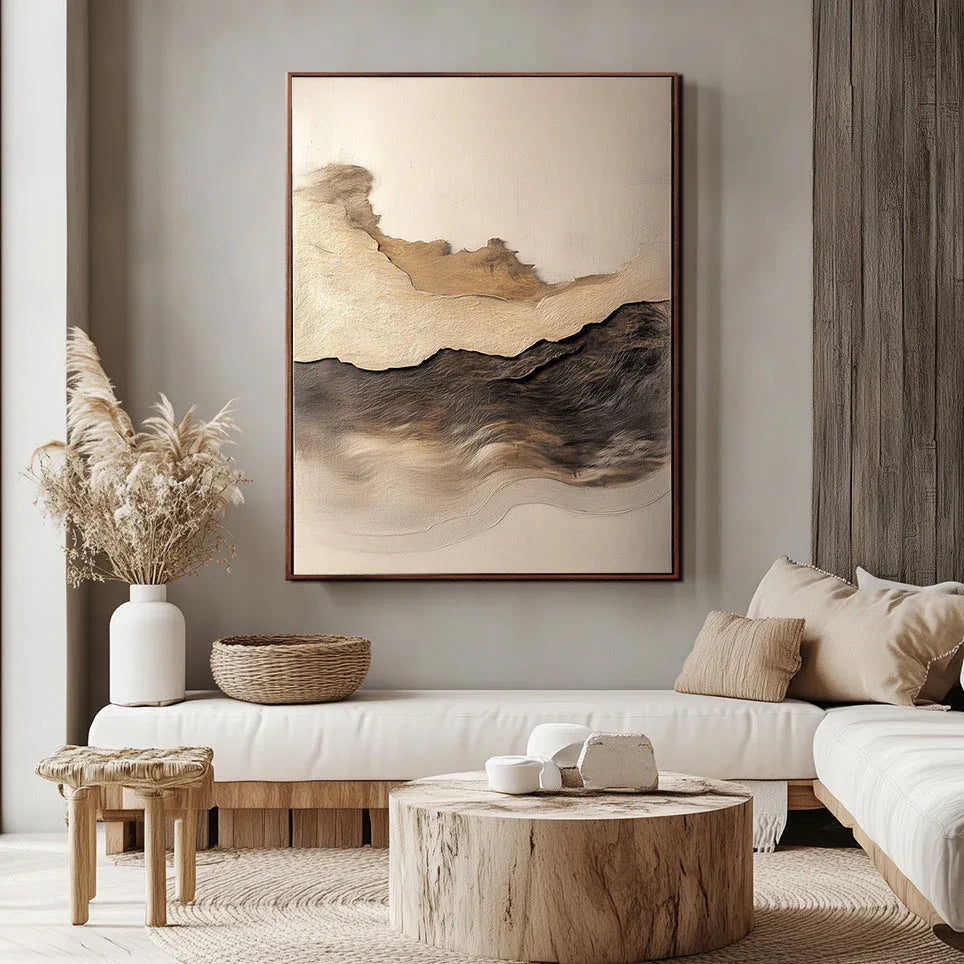 Golden Horizon-Hand-Painted Three-Dimensional Abstract Wall Art Featuring Earthy Wave Patterns and a Wabi-Sabi Texture