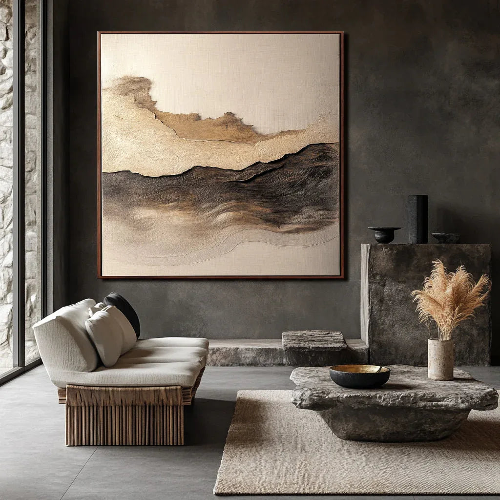 Golden Horizon-Hand-Painted Three-Dimensional Abstract Wall Art Featuring Earthy Wave Patterns and a Wabi-Sabi Texture