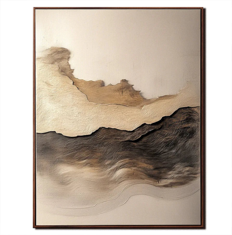 Golden Horizon-Hand-Painted Three-Dimensional Abstract Wall Art Featuring Earthy Wave Patterns and a Wabi-Sabi Texture