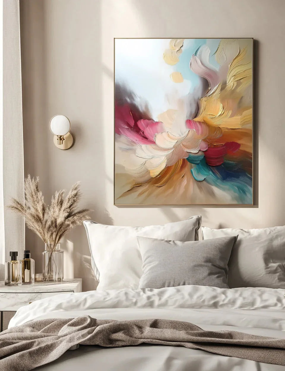 Ethereal Bloom-Hand-Painted Three-Dimensional Abstract Texture Oil Painting of Dreamy Colorful Flowers for Wall Art