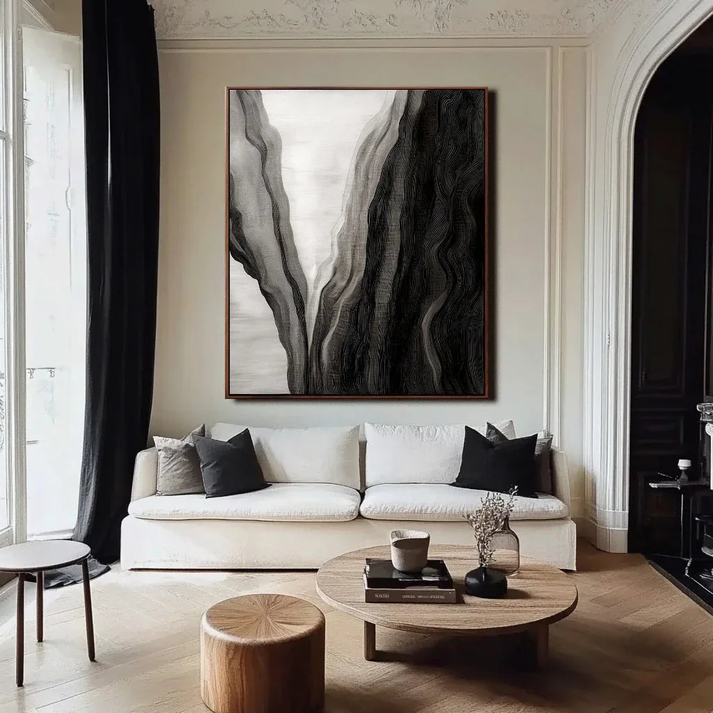 Ethereal Flow-Modern Abstract Black and White Canyon Rhythm Texture Oil Painting Wall Art