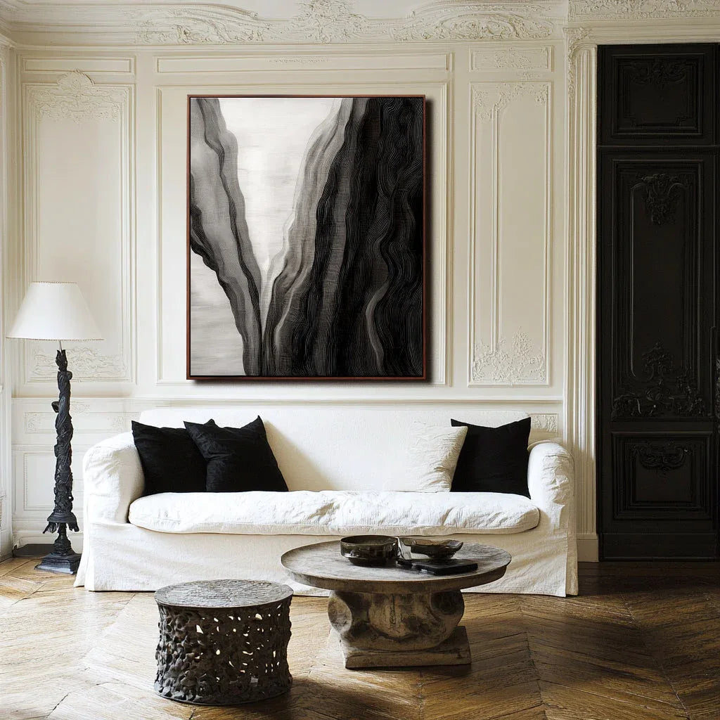 Ethereal Flow-Modern Abstract Black and White Canyon Rhythm Texture Oil Painting Wall Art