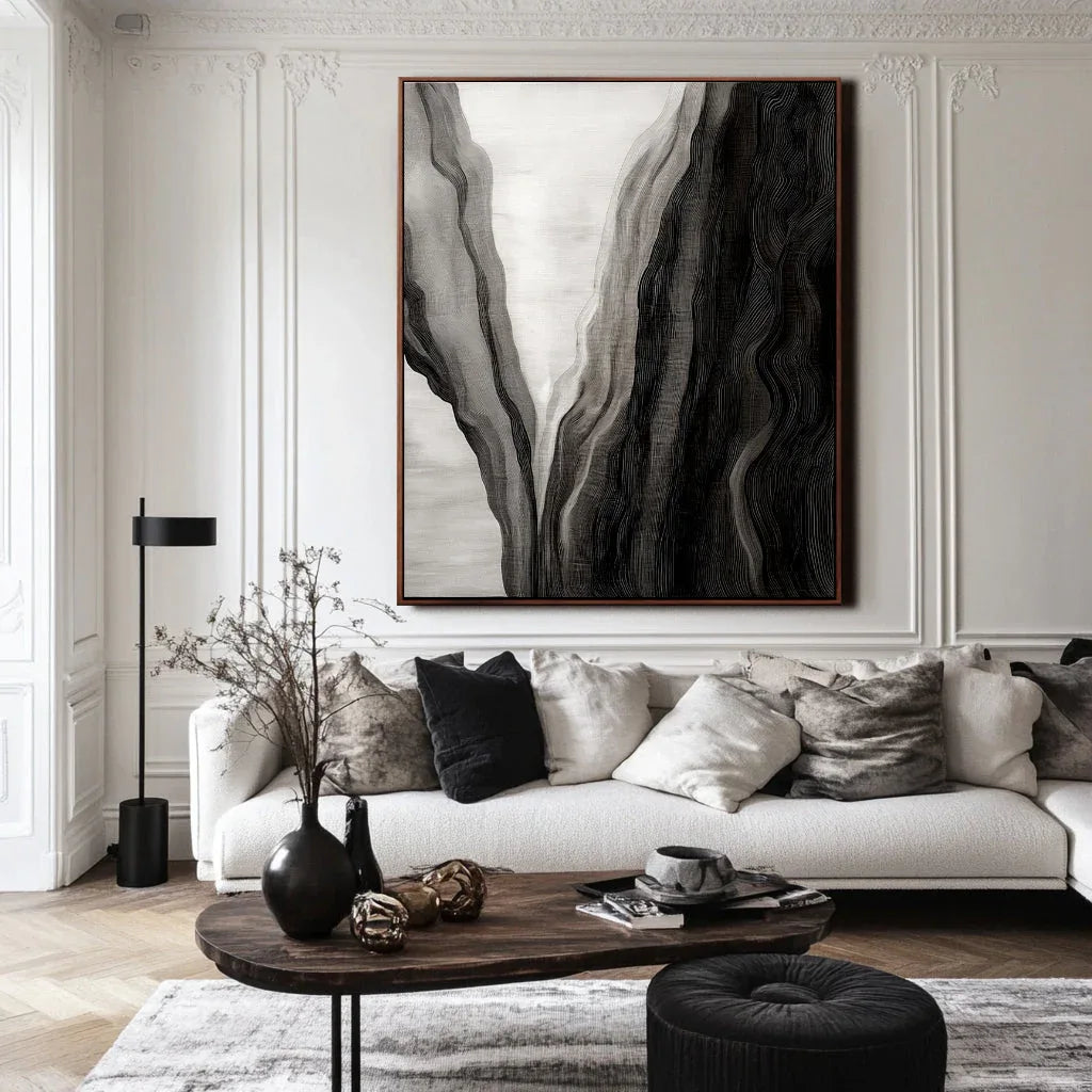 Ethereal Flow-Modern Abstract Black and White Canyon Rhythm Texture Oil Painting Wall Art