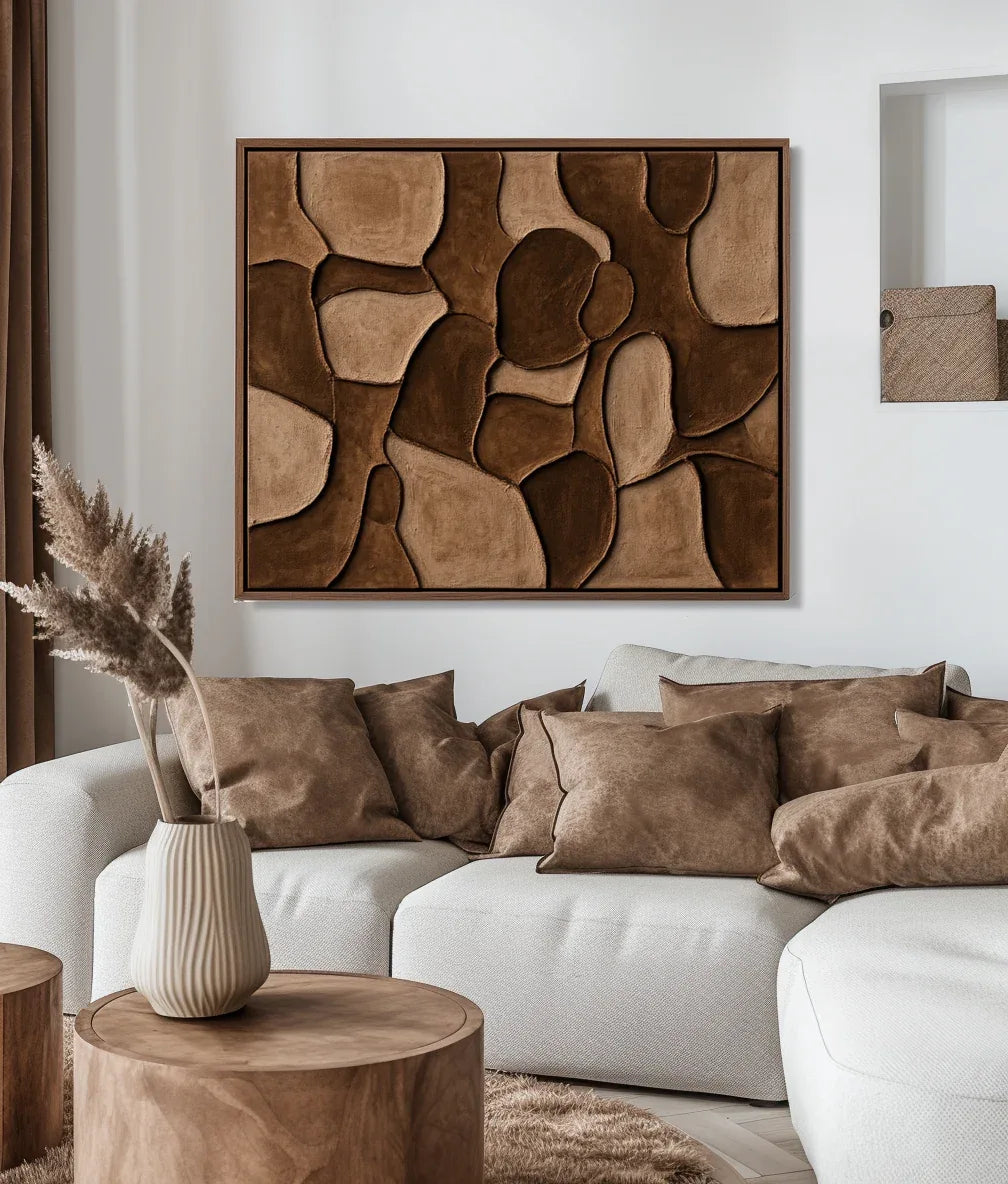 Earthen Harmony Abstract Canvas-Hand Drawn Irregular Brown Block Abstract Wall Art