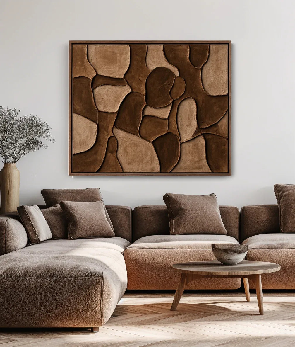 Earthen Harmony Abstract Canvas-Hand Drawn Irregular Brown Block Abstract Wall Art