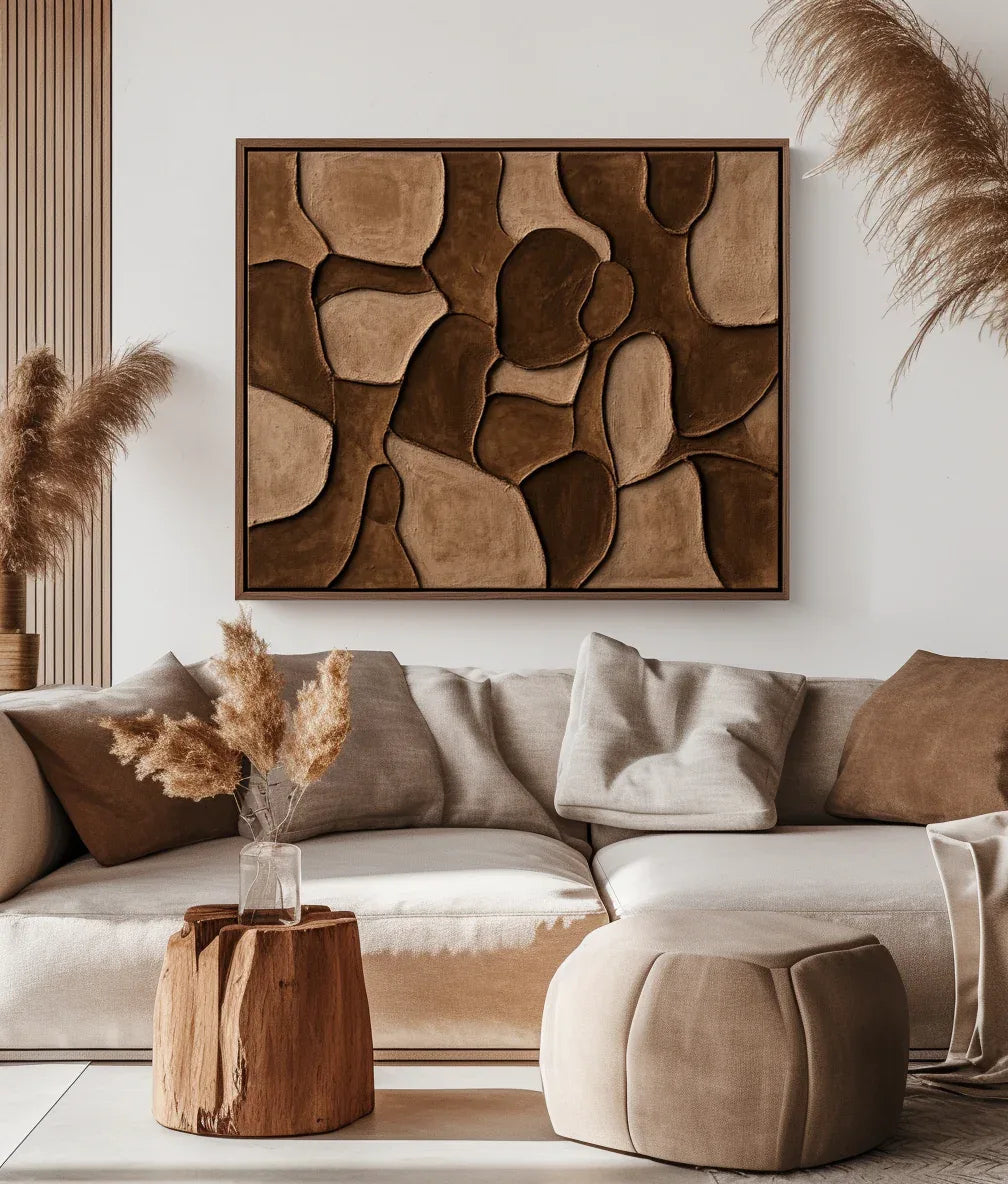 Earthen Harmony Abstract Canvas-Hand Drawn Irregular Brown Block Abstract Wall Art