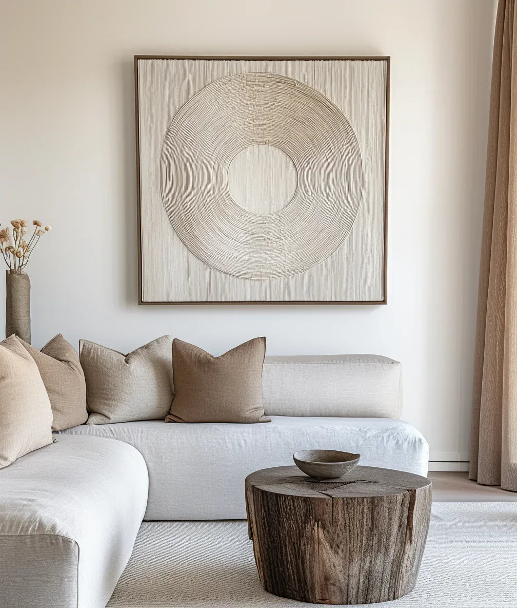 Serene Circle Textured Canvas-Minimally Styled Light Beige Hand-Painted Concentric Circular Wall Art